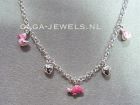 Bedel collier zilver met roze dieren en hartjes.