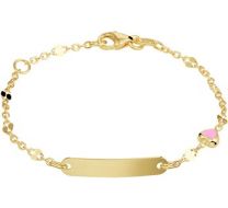 Gouden kinder/peuter graveer naamplaat armbandje fantasie schakeltje roze hartje 11-13 cm.