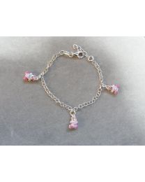 Zilveren Bedelarmband met 3 roze beertjes.